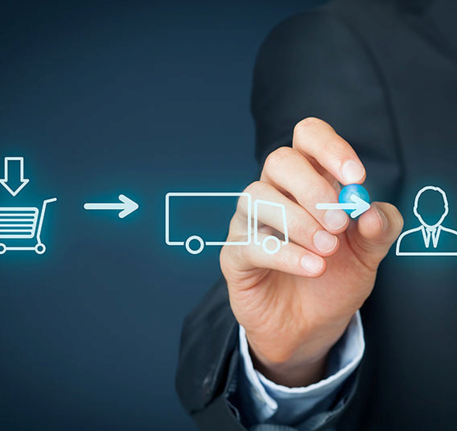 Businessman drawing digital logistics and delivery icons.