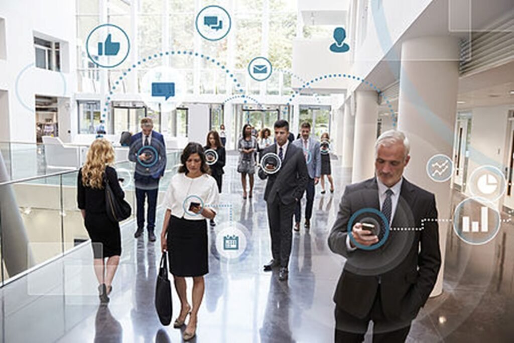 Business professionals using digital technology in a modern office.